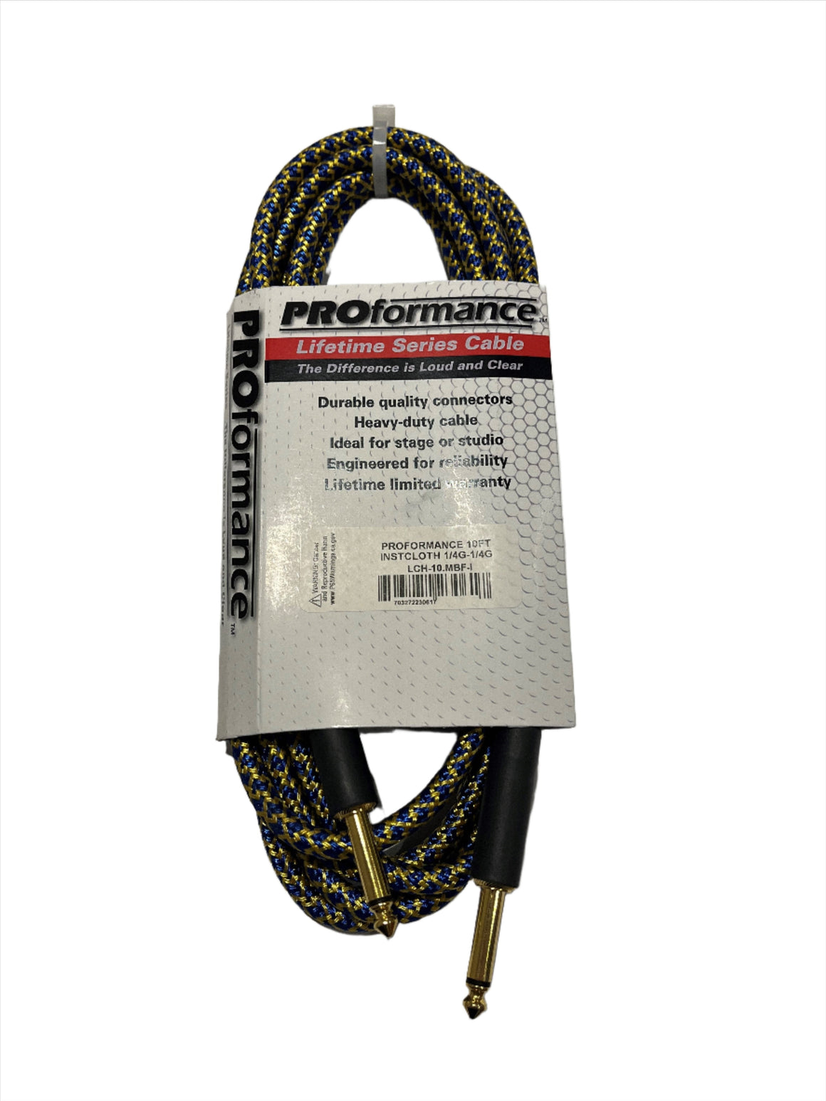 PROformance LCH10MBF 10' Woven Cloth Instrument Cable (Yellow/Blue)