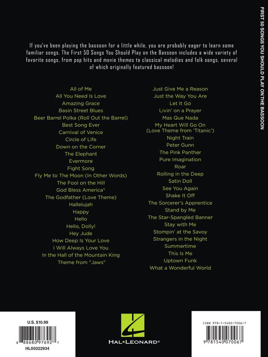 HAL LEONARD 00322934 First 50 Songs You Should Play on Bassoon - A Must-Have Collection of Well-Known Songs, Including Se - Ray's Midbell Music