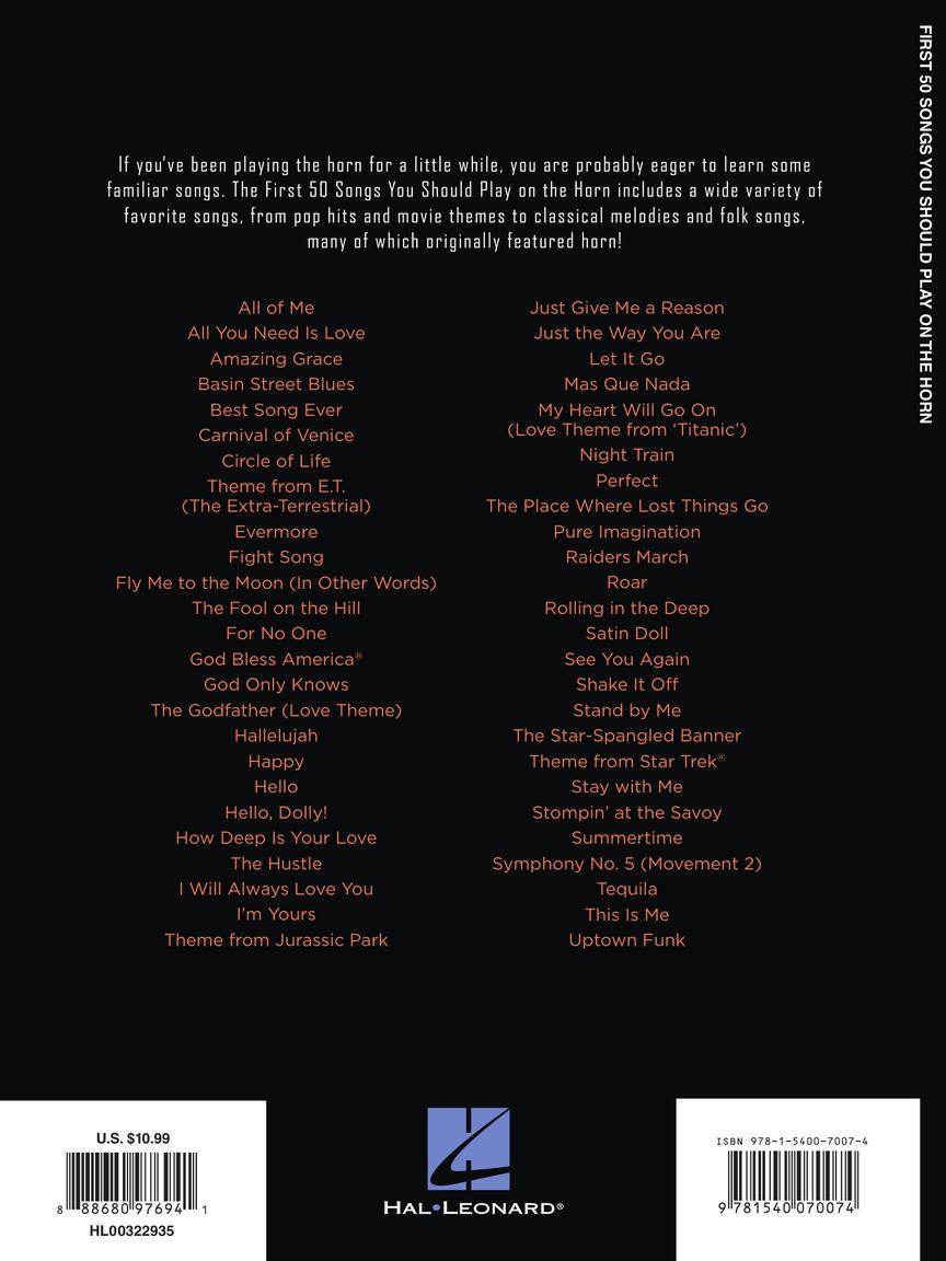 HAL LEONARD 00322935 First 50 Songs You Should Play on the Horn - A Must-Have Collection of Well-Known Songs, Including M - Ray's Midbell Music