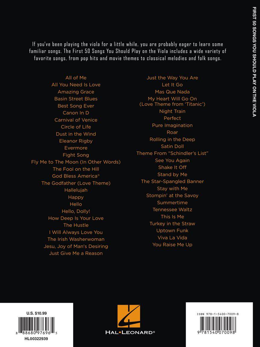 HAL LEONARD 00322939 First 50 Songs You Should Play on the Viola - Ray's Midbell Music