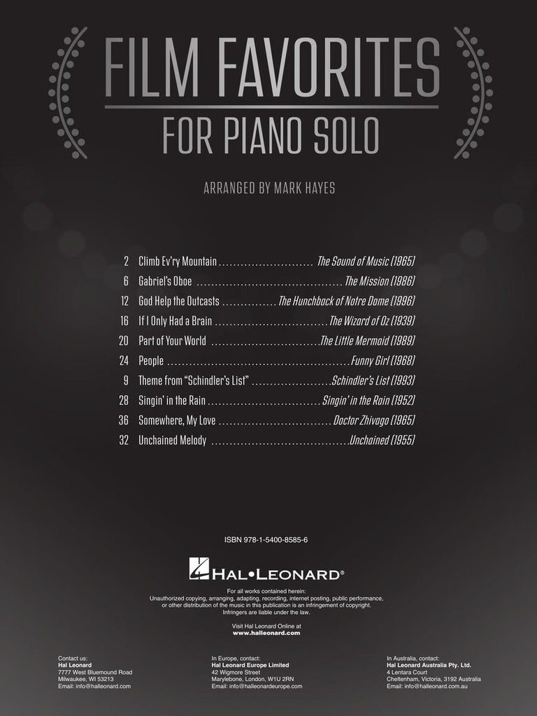 HAL LEONARD 00334490 Film Favorites for Piano Solo - 10 Movie Selections