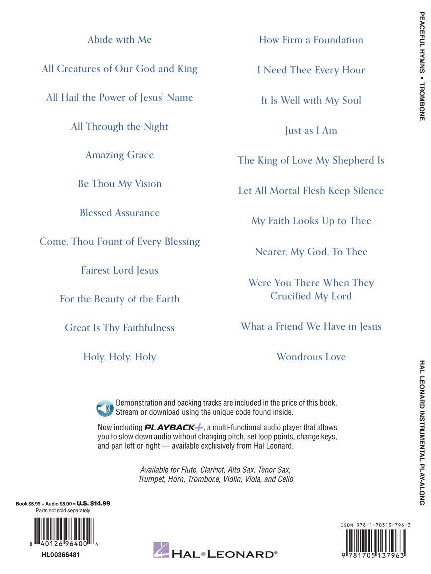 HAL LEONARD 00366481 Peaceful Hymns for Trombone - Instrumental Play-Along - Ray's Midbell Music