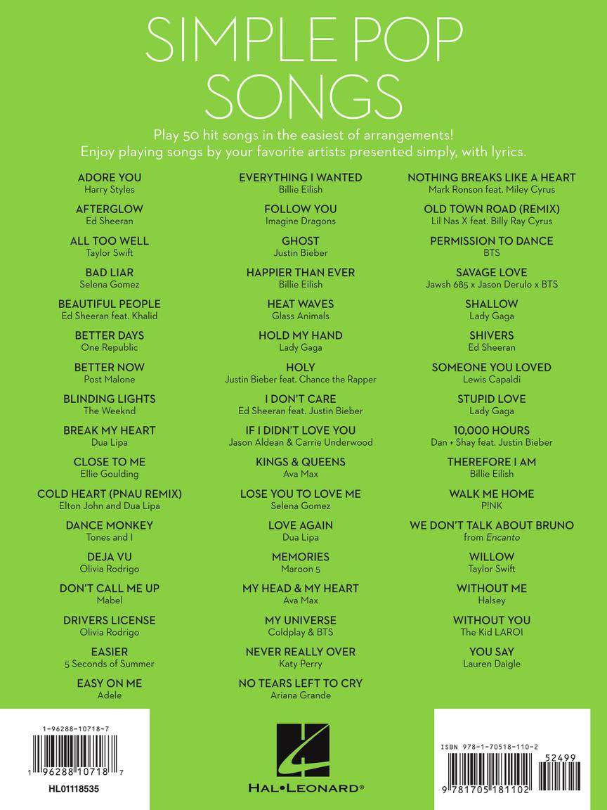 HAL LEONARD 01118535 Simple Pop Songs - The Easiest Easy Piano Songs - Ray's Midbell Music