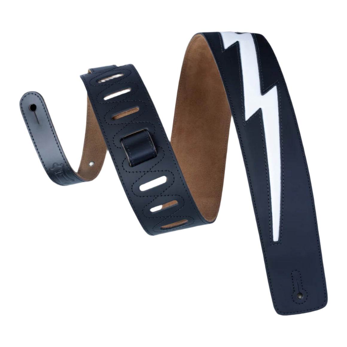 LEVYS DM2BLK 2 1/2" Leather Guitar Strap w/ Leather Lightning Bolt Inlay & Suede Backing