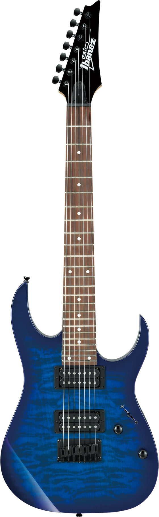 Ibanez GRG7221QATBB Gio Series Double Cut 7 String Electric Guitar (Transparent Blue Burst)