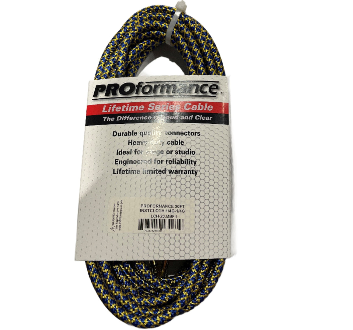 PROformance LCH20MBF 20' Woven Cloth Instrument Cable (Yellow/Blue)