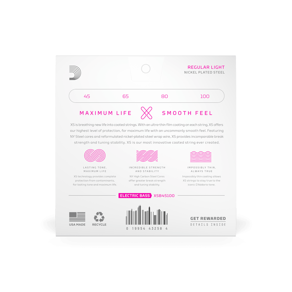 D'ADDARIO XSB45100 XS Coated Regular Light Nickel Bass Strings, Long Scale, 45-100