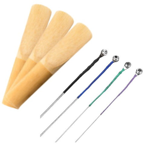 four violin strings and three reeds
