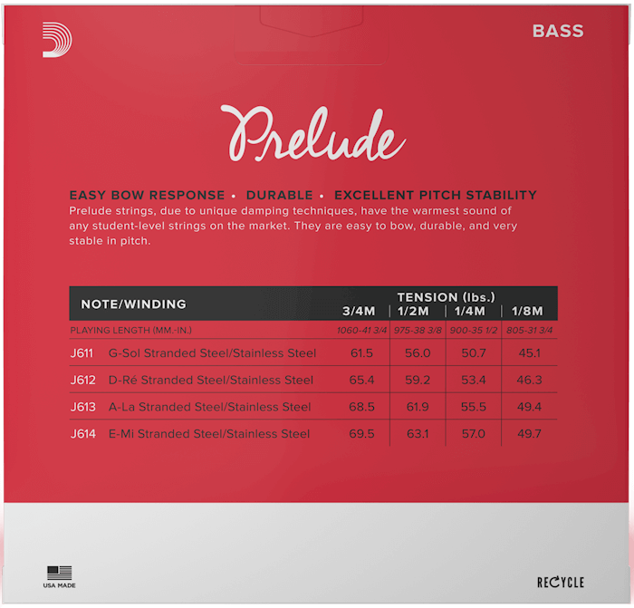 D'ADDARIO J61014M 1/4 Prelude Bass String Set, Medium Tension
