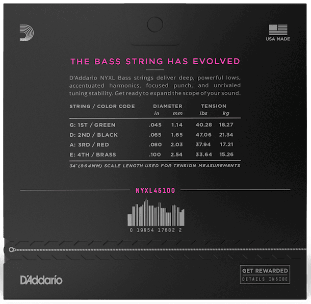 D'ADDARIO NYXL45100 NYXL 4 String Bass Strings Long Scale, Regular Light 45-100 - Ray's Midbell Music