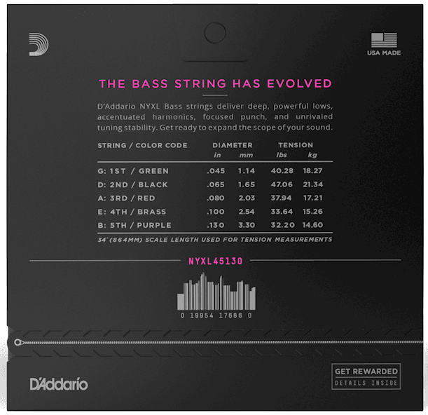 D'ADDARIO NYXL45130 NYXL 5 String Bass Strings Long Scale, Regular Light 45-130 - Ray's Midbell Music