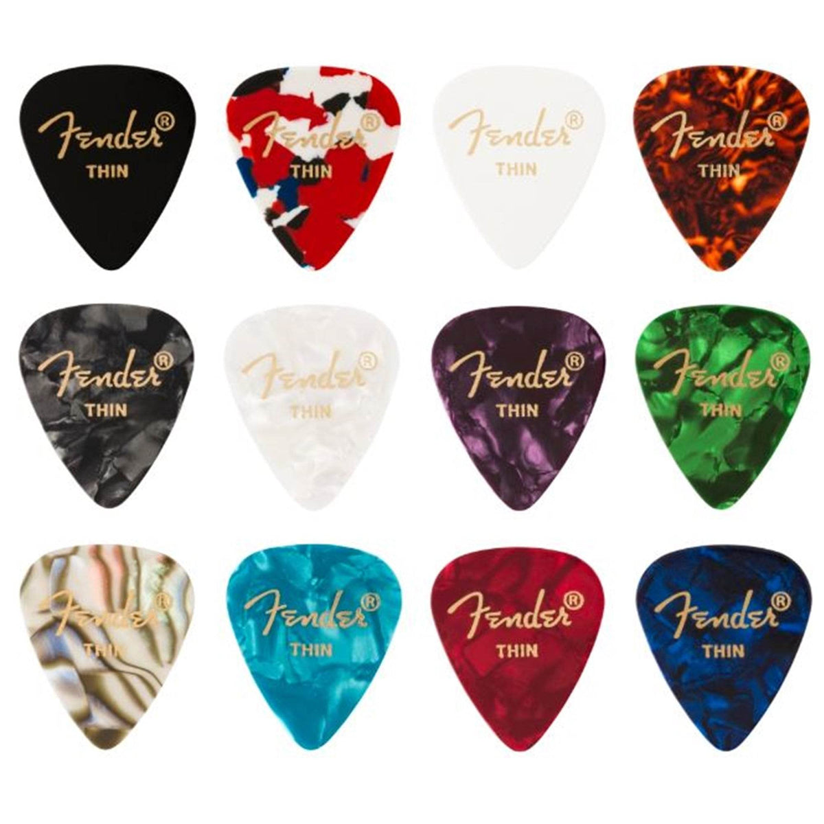 FENDER #0980300300 351 Shape Picks, Celluloid Medley, Medium (12) - Ray's Midbell Music