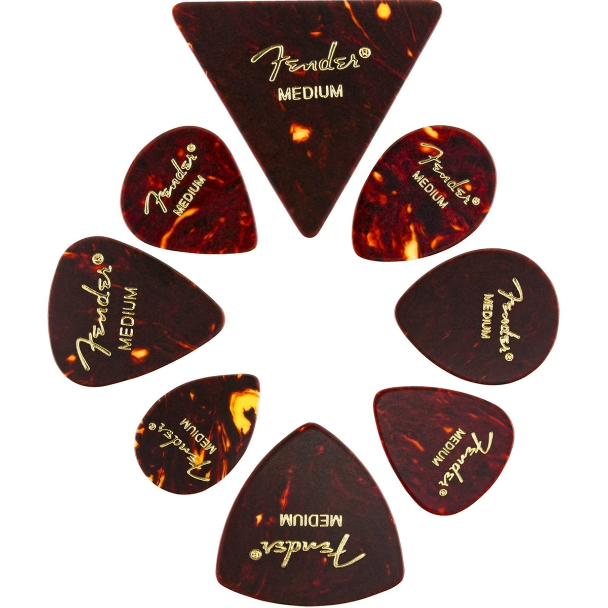 FENDER #0980200300 All Shapes Pick Pack, Celluloid Medley, Tortoise Shell, Medium, (8) - Ray's Midbell Music